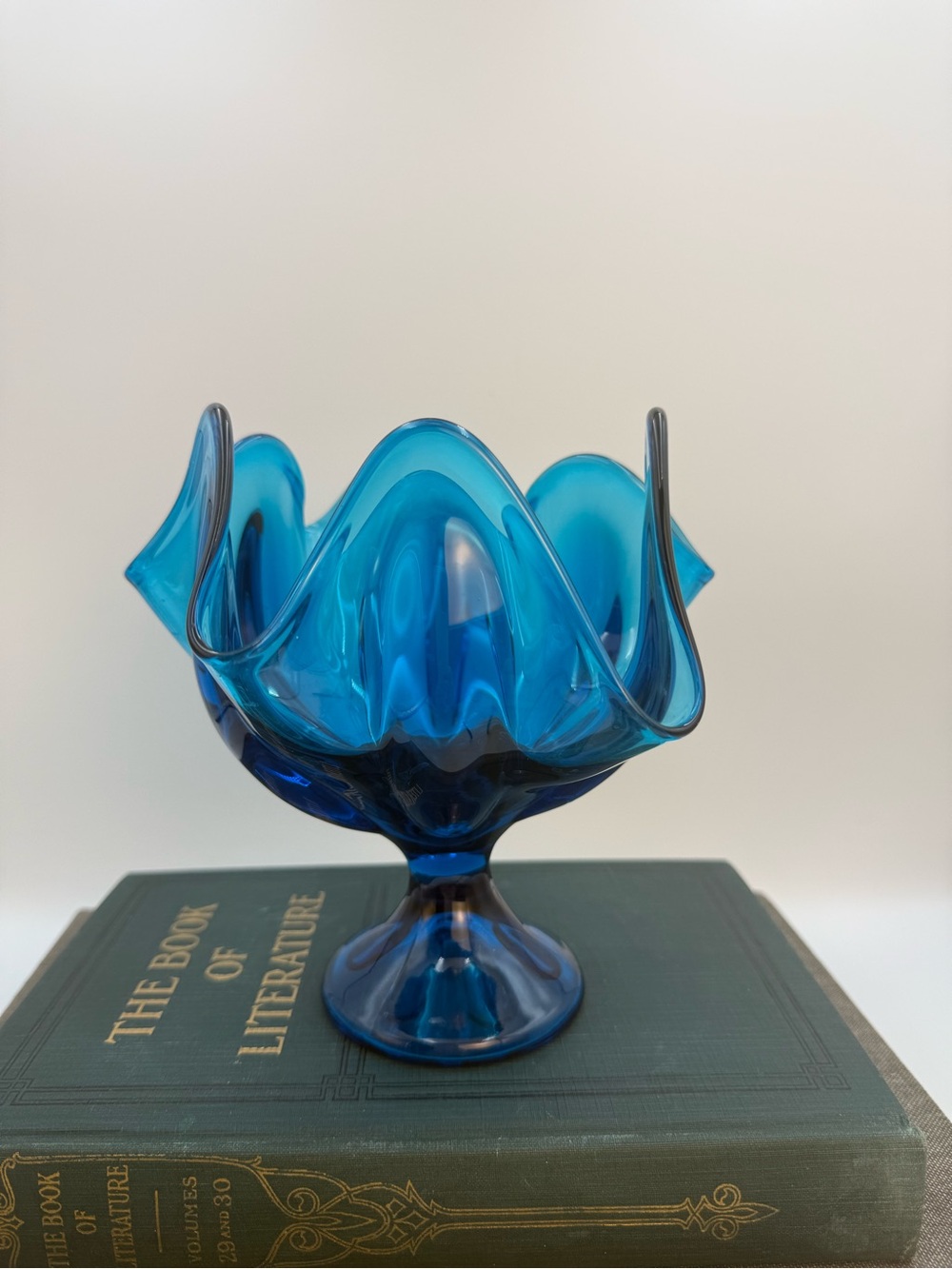 Viking Glass Bluenique Handkerchief Pedestal Vase 6.5” Swung Glass Mid Century